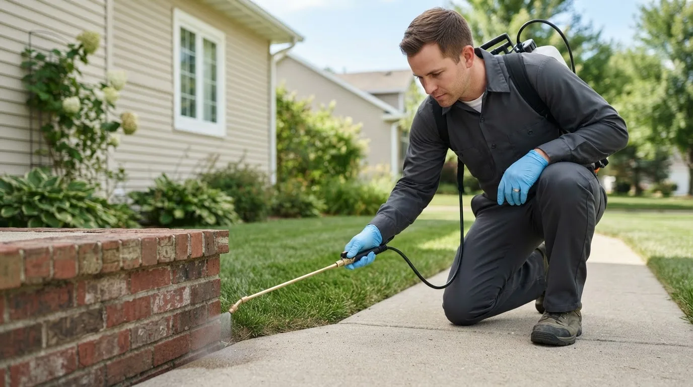 Pest control technician treating a home near Allen, MI