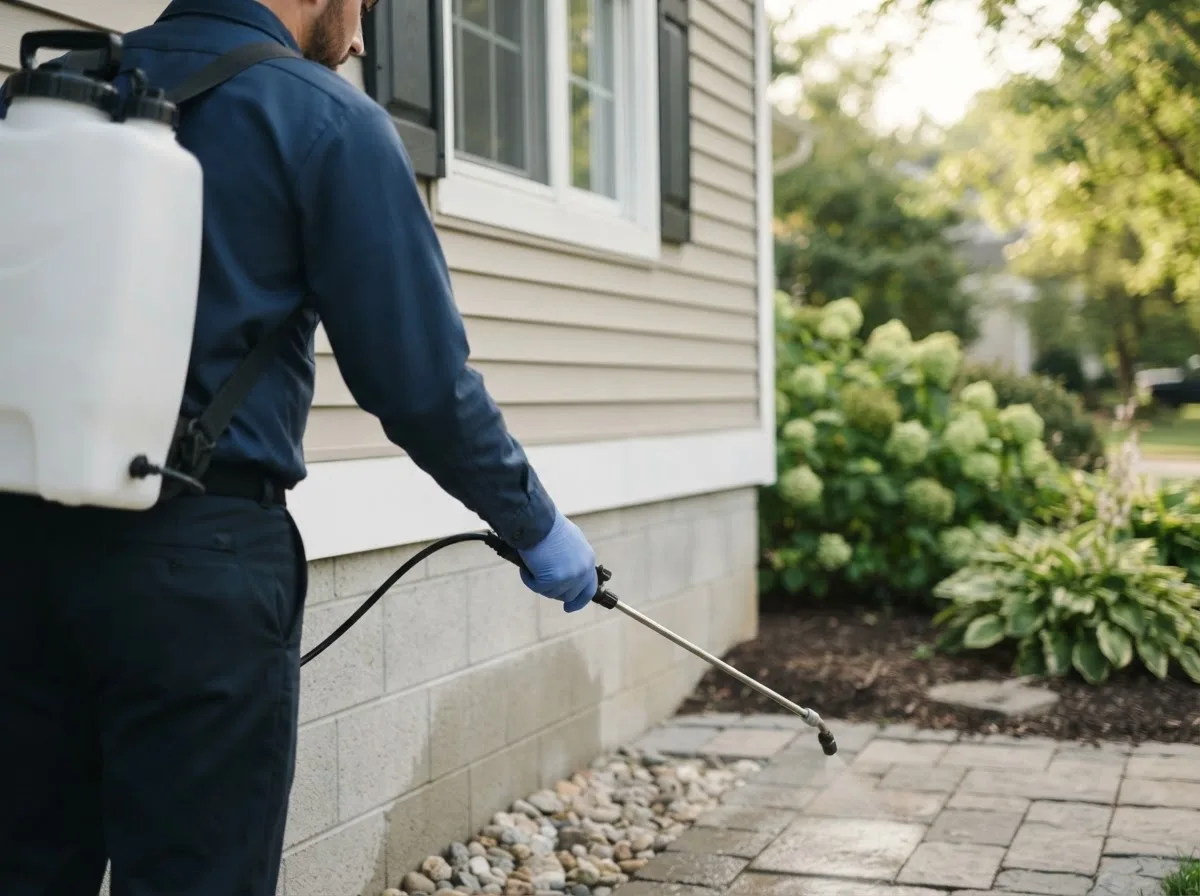 Pest control technician inspecting a home in Allen, MI
